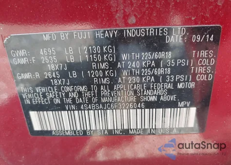 2015 Subaru Outback 2.5I Limited из США, поврежденный, VIN 4S4BSAJC6F3226046